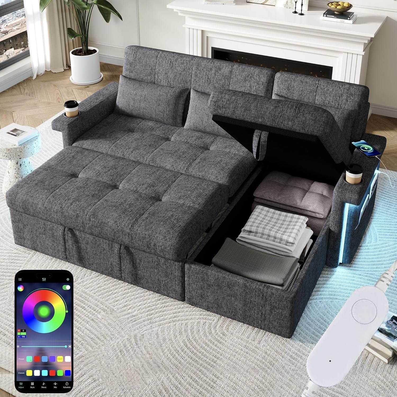 Canapé Convertible 3 Places en L avec LED et USB et Dossier Réglable – Canapés et divans, Sapgaks, Gris