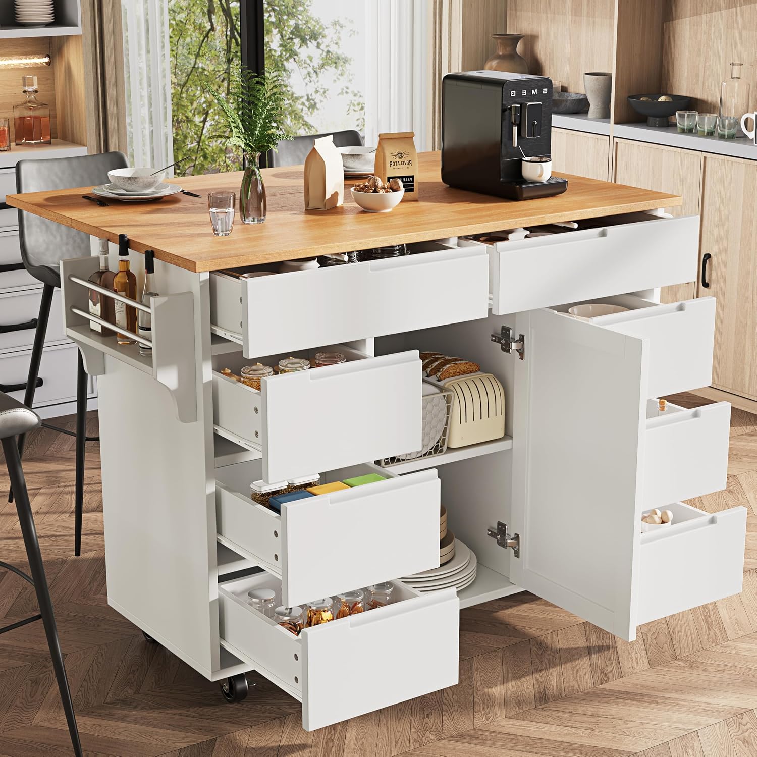 Merax Îlot de cuisine mobile moderne avec plateau de table extensible – chariot de service avec étagère à épices, 8 tiroirs et roulettes