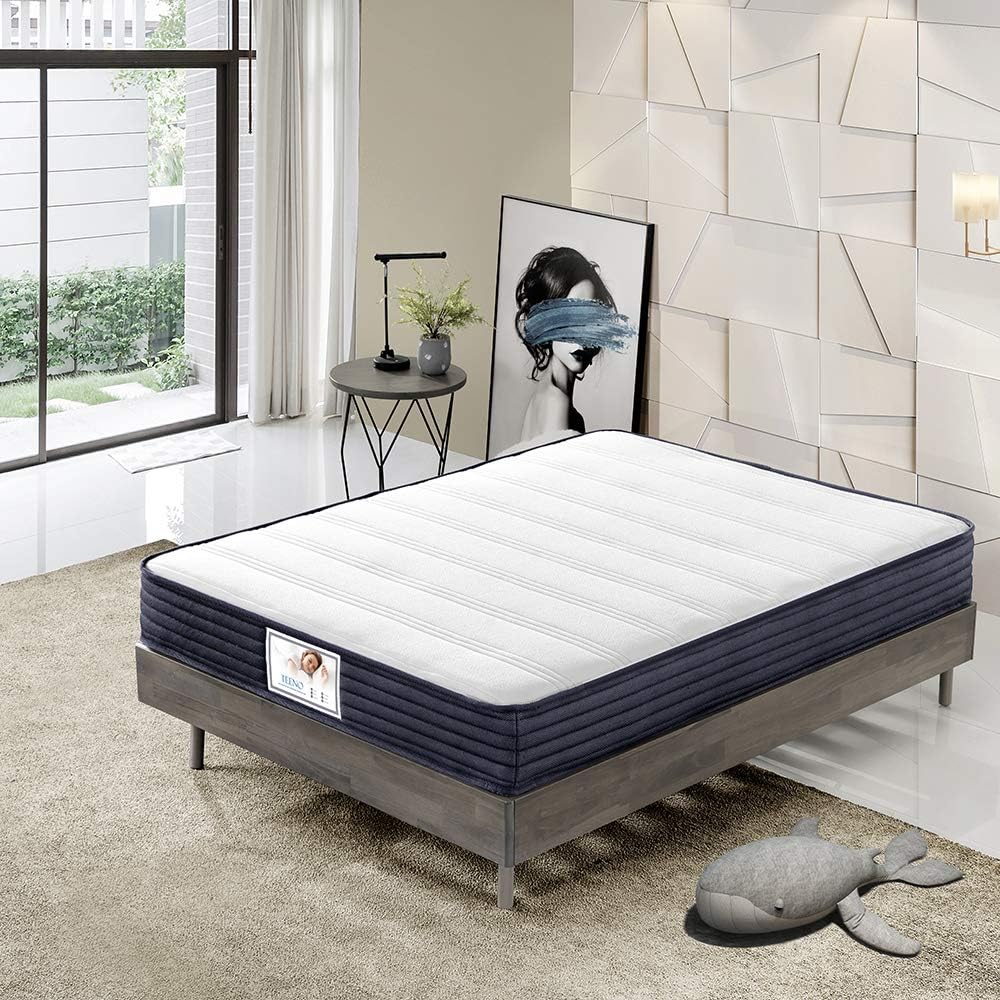 Matelas 140x190x22cm Ressorts Mousse polyuréthane et 22CM mémoire de Forme – TEENO, Taille 140x190 cm, le matelas, Blanc/Bleu Marine