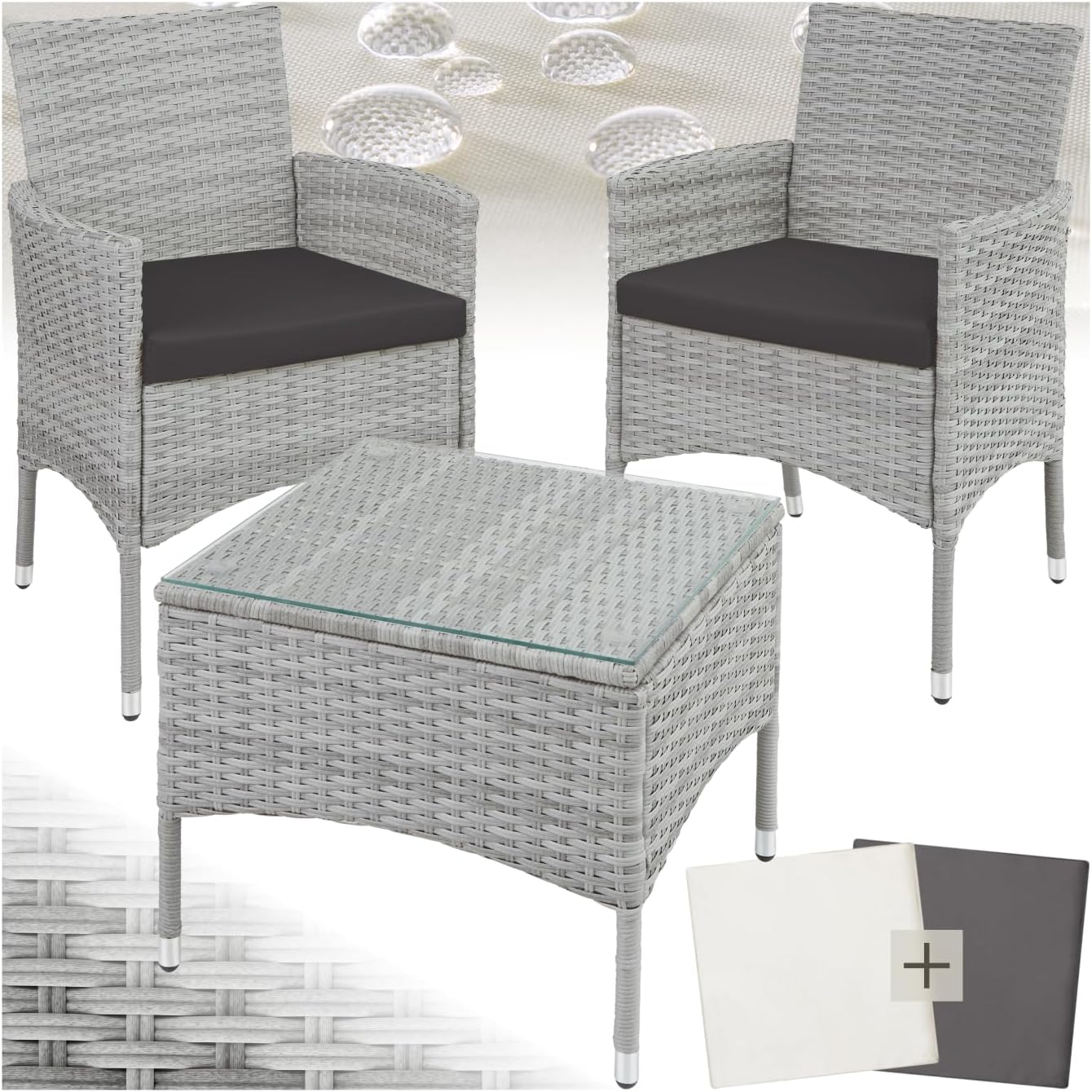 Ensemble Salon de Jardin Extérieur en Poly Rotin 2 Personnes Ensemble Fauteuil Salon et Table – tectake, Coussins Amovibles Inclus