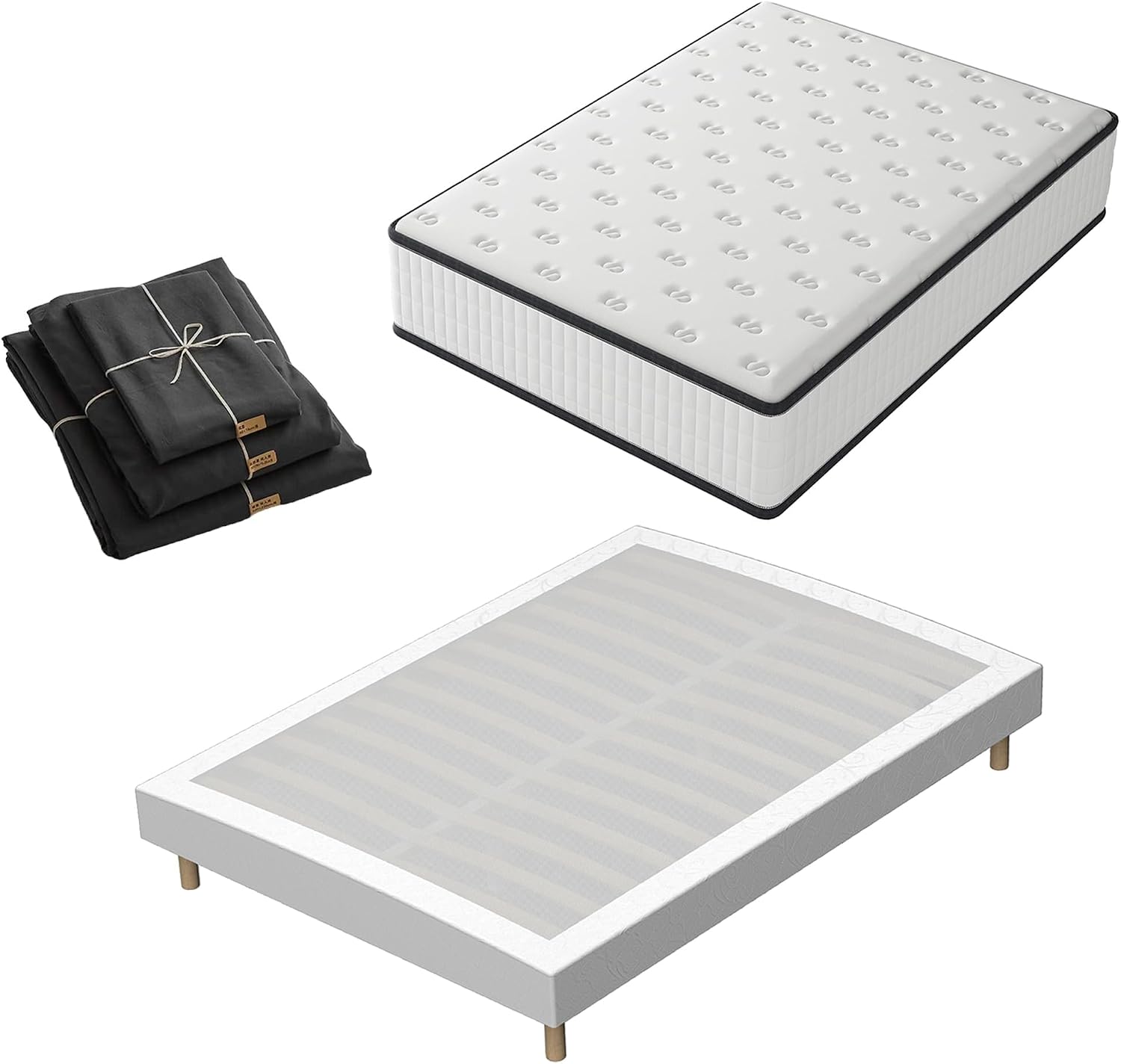 Matelas à mémoire de Forme et sommier 140x190 Ensemble – TEENO, Matelas 140x190 et Parure de lit 4 pièces +Sommiers à Lattes avec 9 Pieds pour Adulte