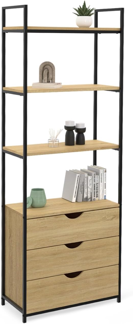 IDMarket Etagère bibliothèque 4 Niveaux avec 3 tiroirs Detroit Design Industriel 170 cm – Chêne/Noir