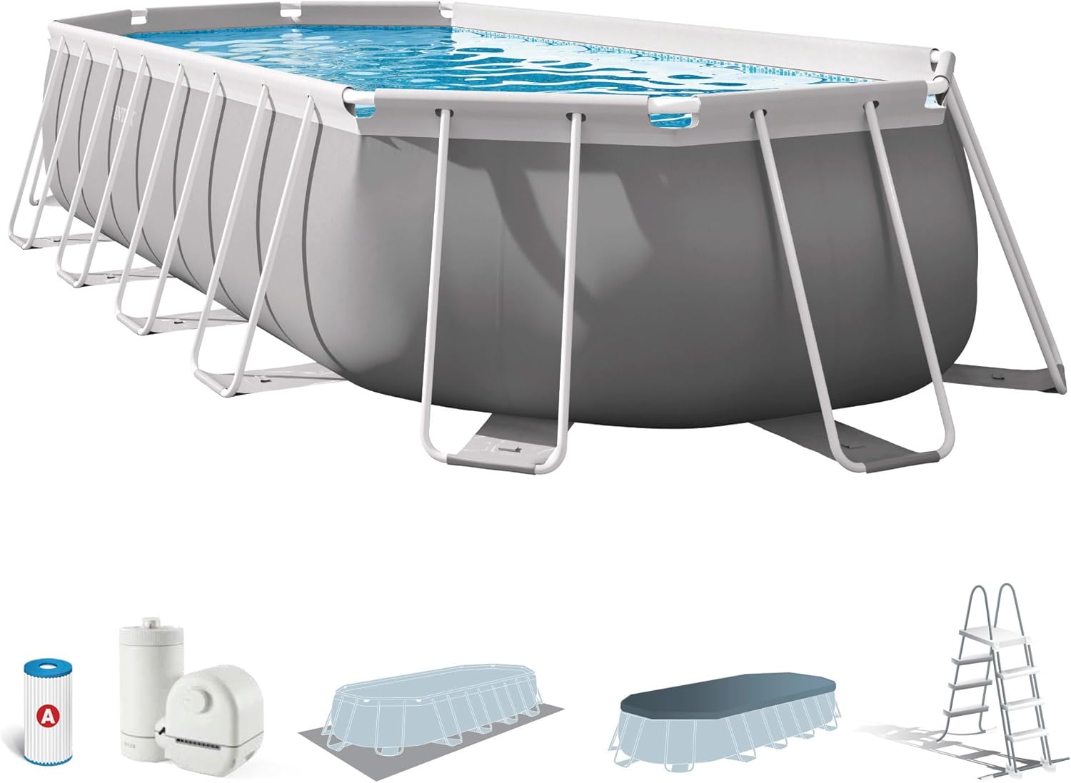 Piscines gonflables – Intex, kit Piscine Prism Frame Ovale Tubulaire (l) 6, 10 x (l) 3, 05 x (h) 1, 22m, Gris/Blanc