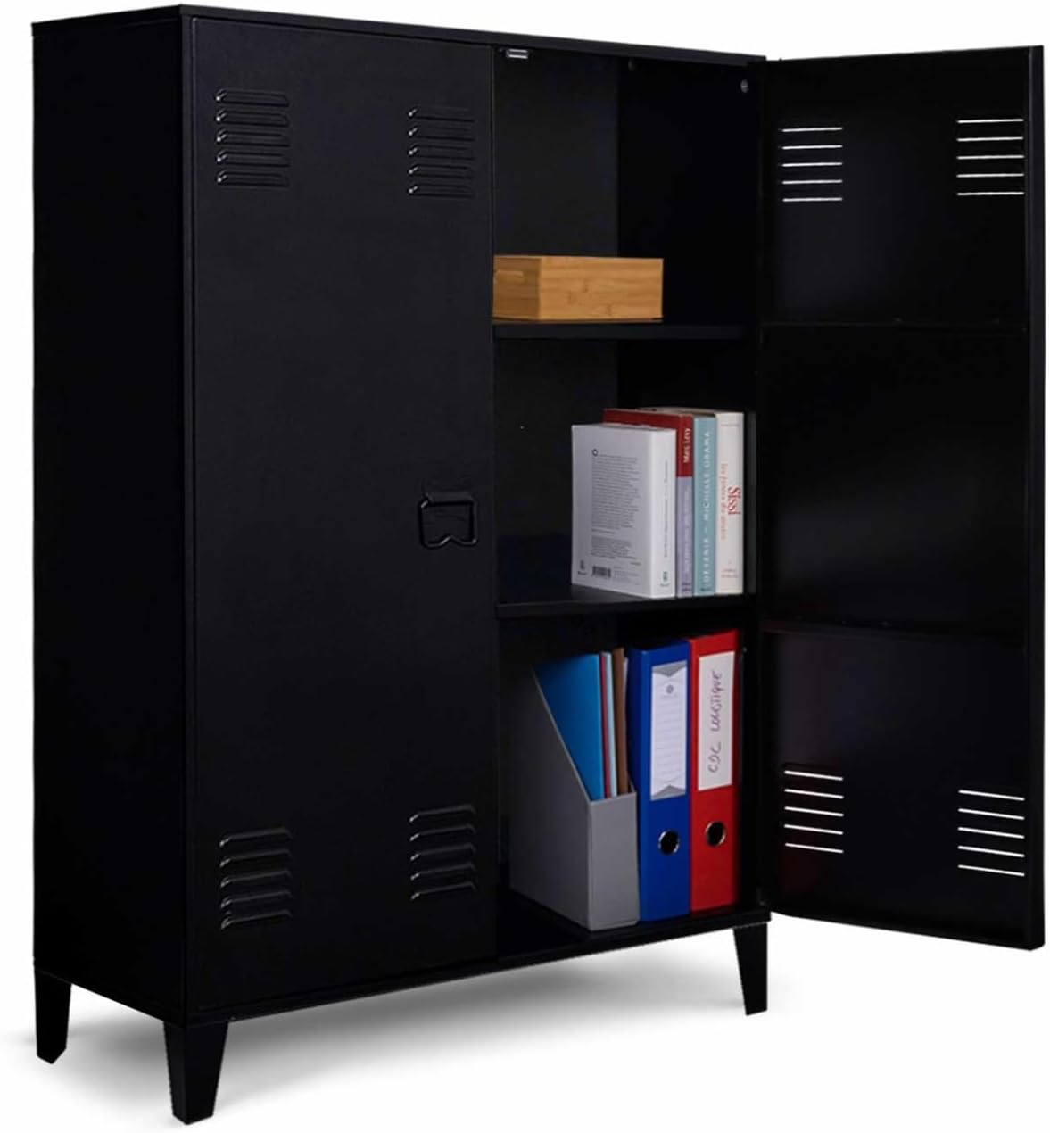 Armoires – IDMarket, Armoire basse ESTER 2 portes métal noir design industriel