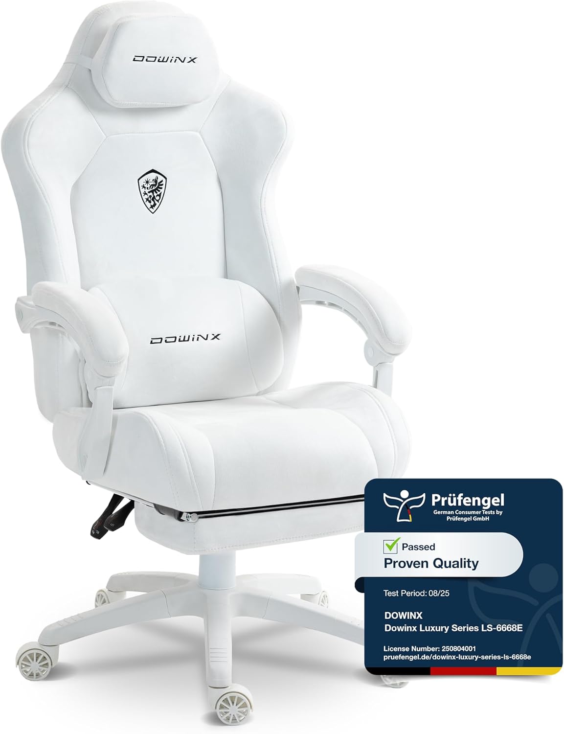 Chaise Gaming Ergonomique avec Coussin Lombaire Massant Réglable – Chaises de Gamer, Dowinx, Dossier Inclinable 160°, Blanc