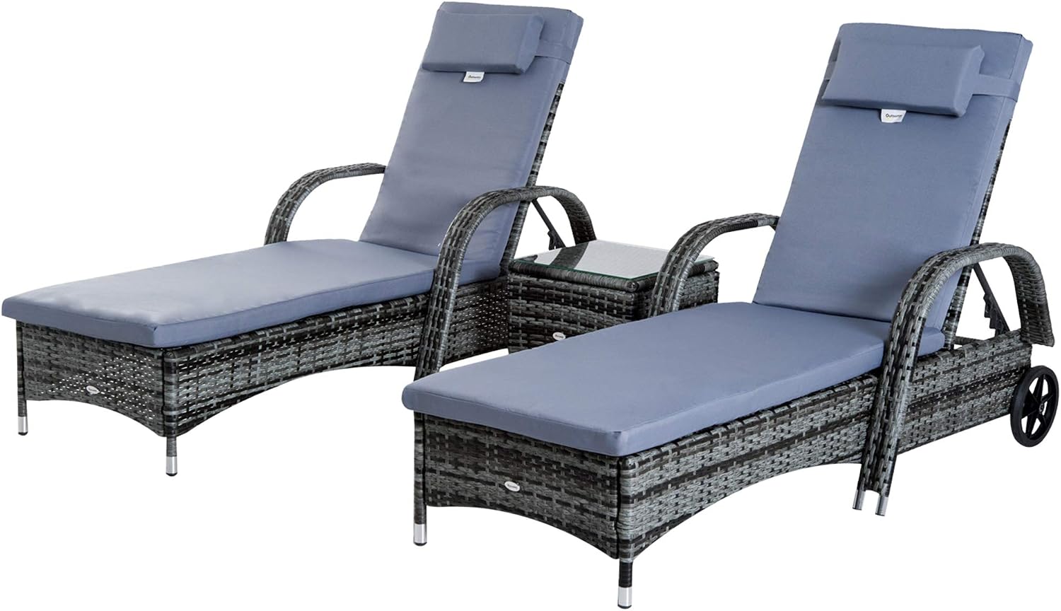 Lot de 2 transats Bains de Soleil Grand Confort: Matelas – Outsunny, Inclinaison réglable Multipositions, têtière, accoudoirs, Gris/Bleu