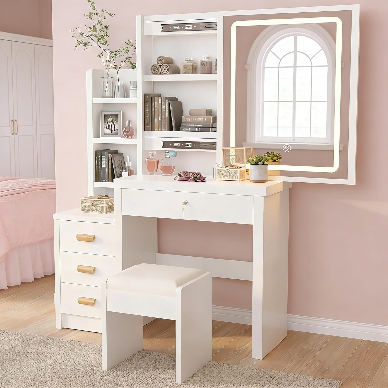 Luminosité Réglable 3 Couleurs – Coiffeuse Maquillage avec Miroir LED – Coiffeuses, Oyajia, 4 Tiroirs & 7 Étagères