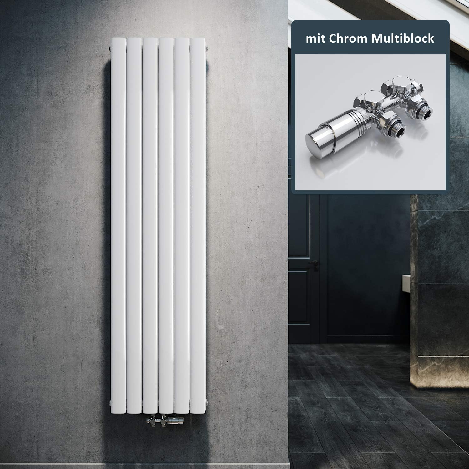 ELEGANT Radiateur au design plat vertical – avec multibloc chromé, 1800 x 462 mm, blanc, thermostat, double couche, raccord central, Blanc/Chromé