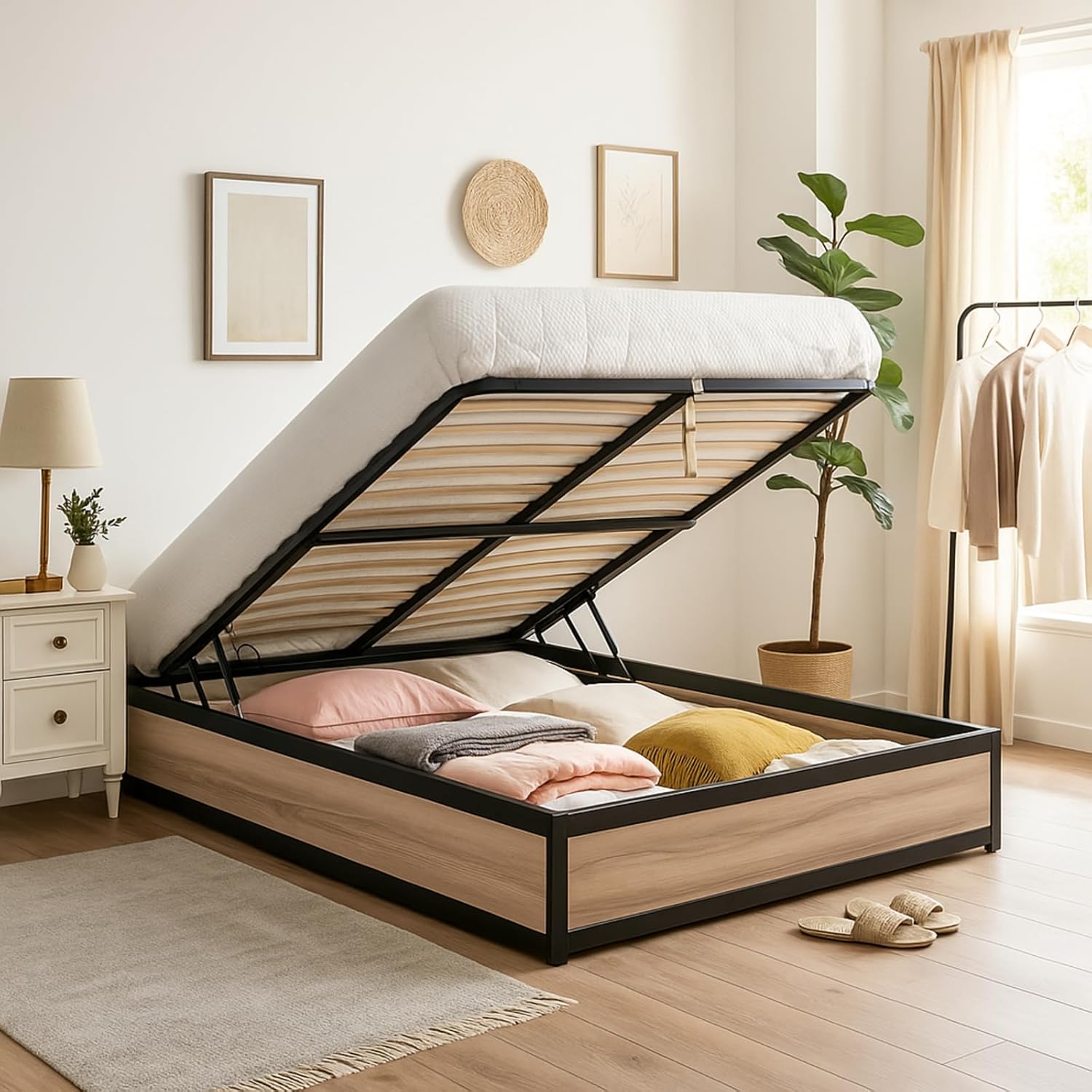 Cadres de lit – SAMPUR, Lit Coffre Style Industriel et sommier à Lattes, 140x190 cm, Bois Clair, Espace de Stockage XXL, Bois Clair/Noir