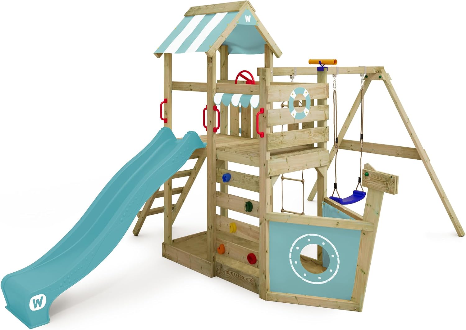 Aire de Jeux SeaFlyer portique en Bois avec balançoire et Toboggan – Balançoires, Wickey, Bleu Pastel/Bois