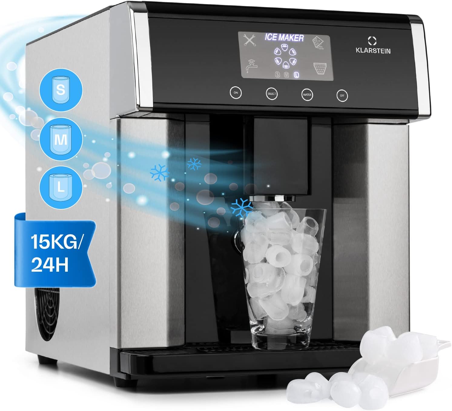 KLARSTEIN Eiszeit Machine à Glaçons Argent – réservoir 3 L, 15 kg/24 h, glaçons en 12 min, Inox, Écran tactile