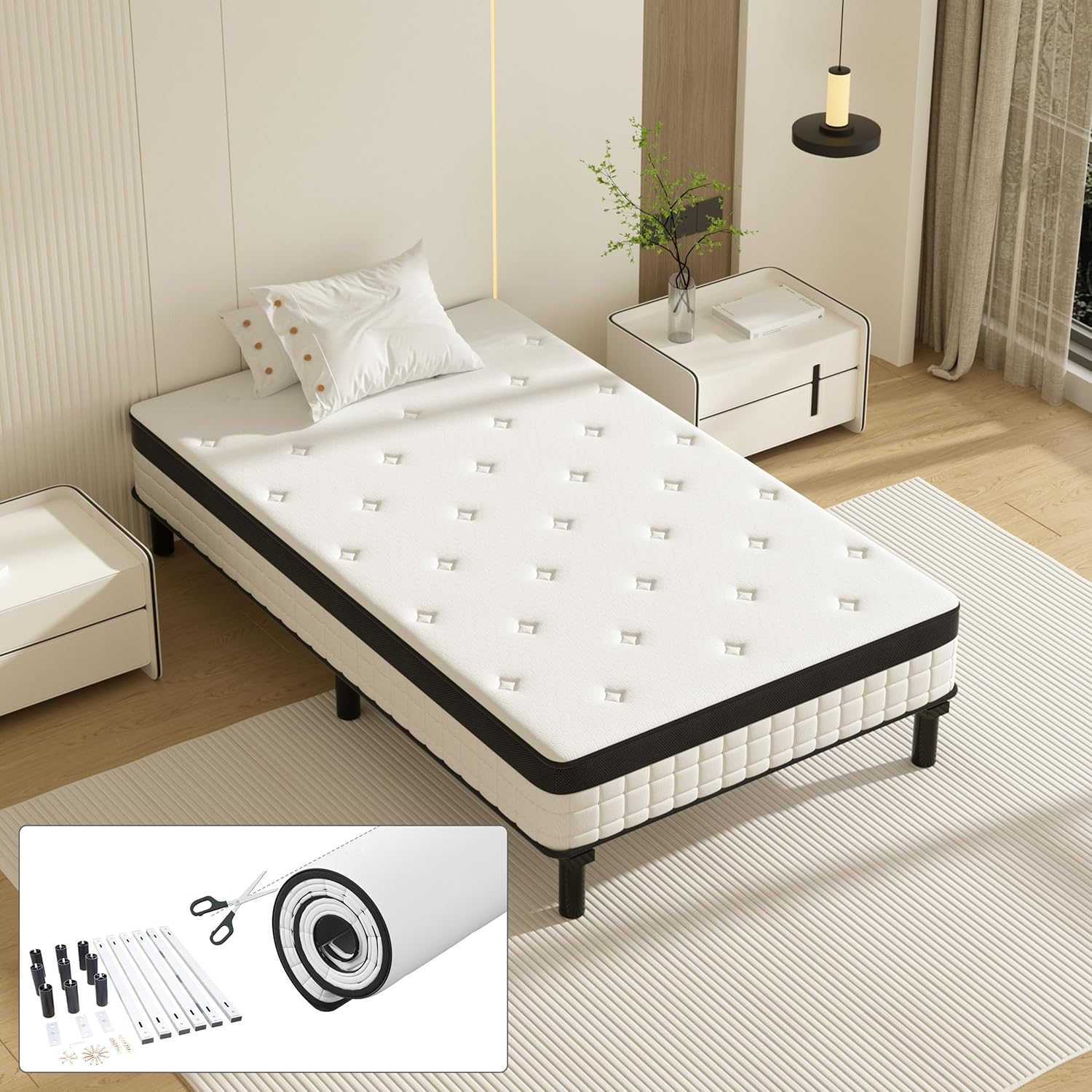Ensemble Matelas et Sommier 90x190cm – TEENO, Matelas à Ressorts ensachés et Robuste Cadre de lit en Fer avec 6 Pieds, épaisseur 18cm