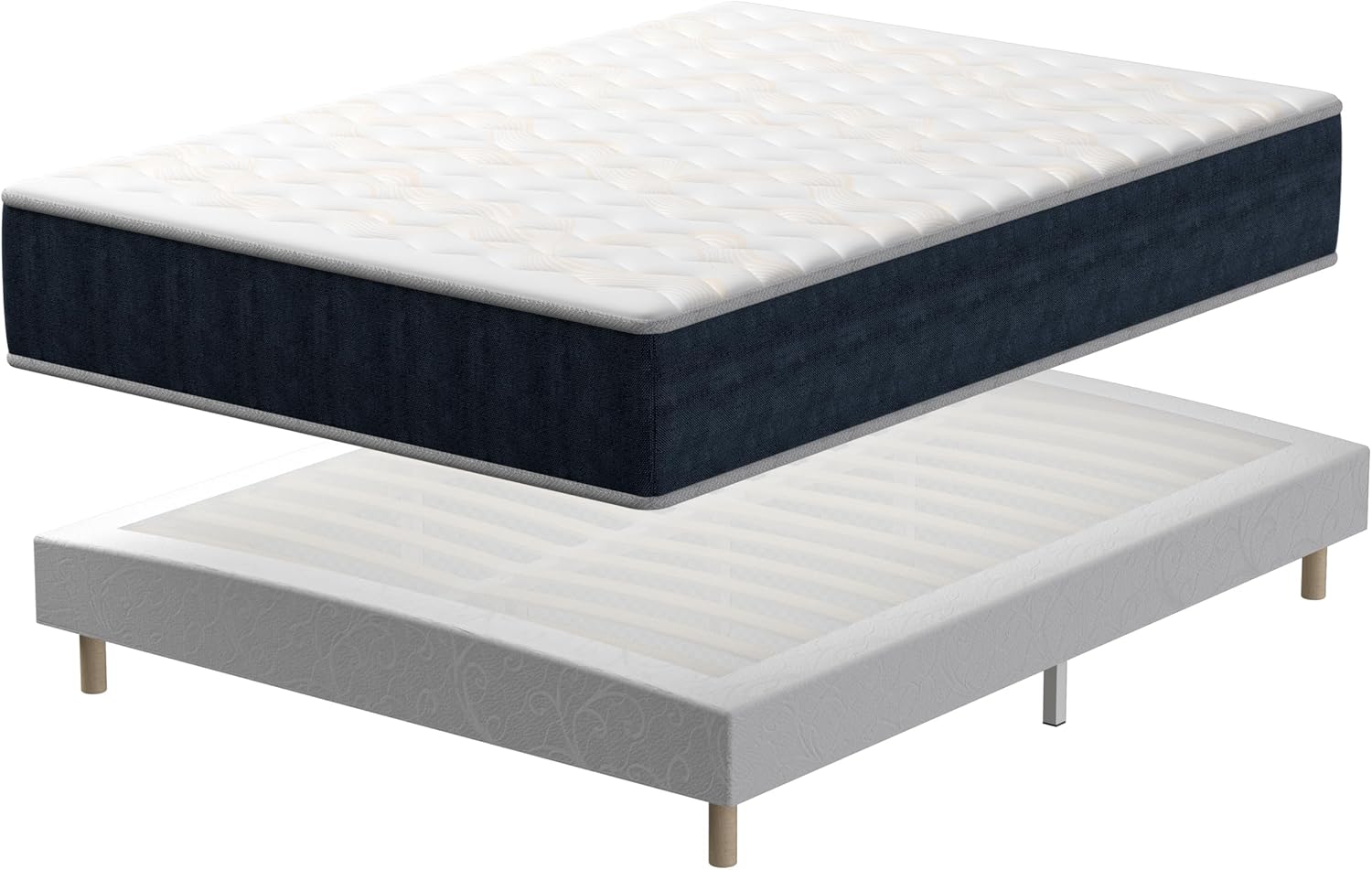 TEENO Mémoire Ensemble Composè – Matelas en Mousse 140x190x32 cm+Sommier tapissier volige, 9 Pieds Inclus, Blanc/Noir