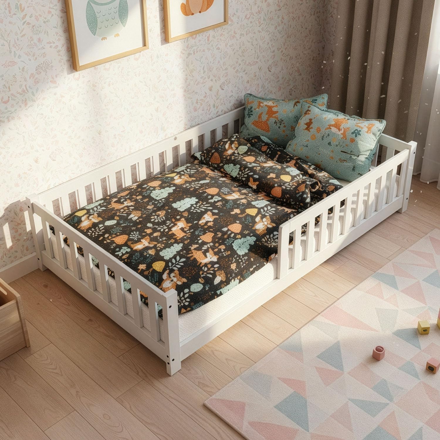 Juskys Lit au Sol Enfant Naya 120x200 cm avec Barrière de Sécurité et Sommier à Lattes – Blanc