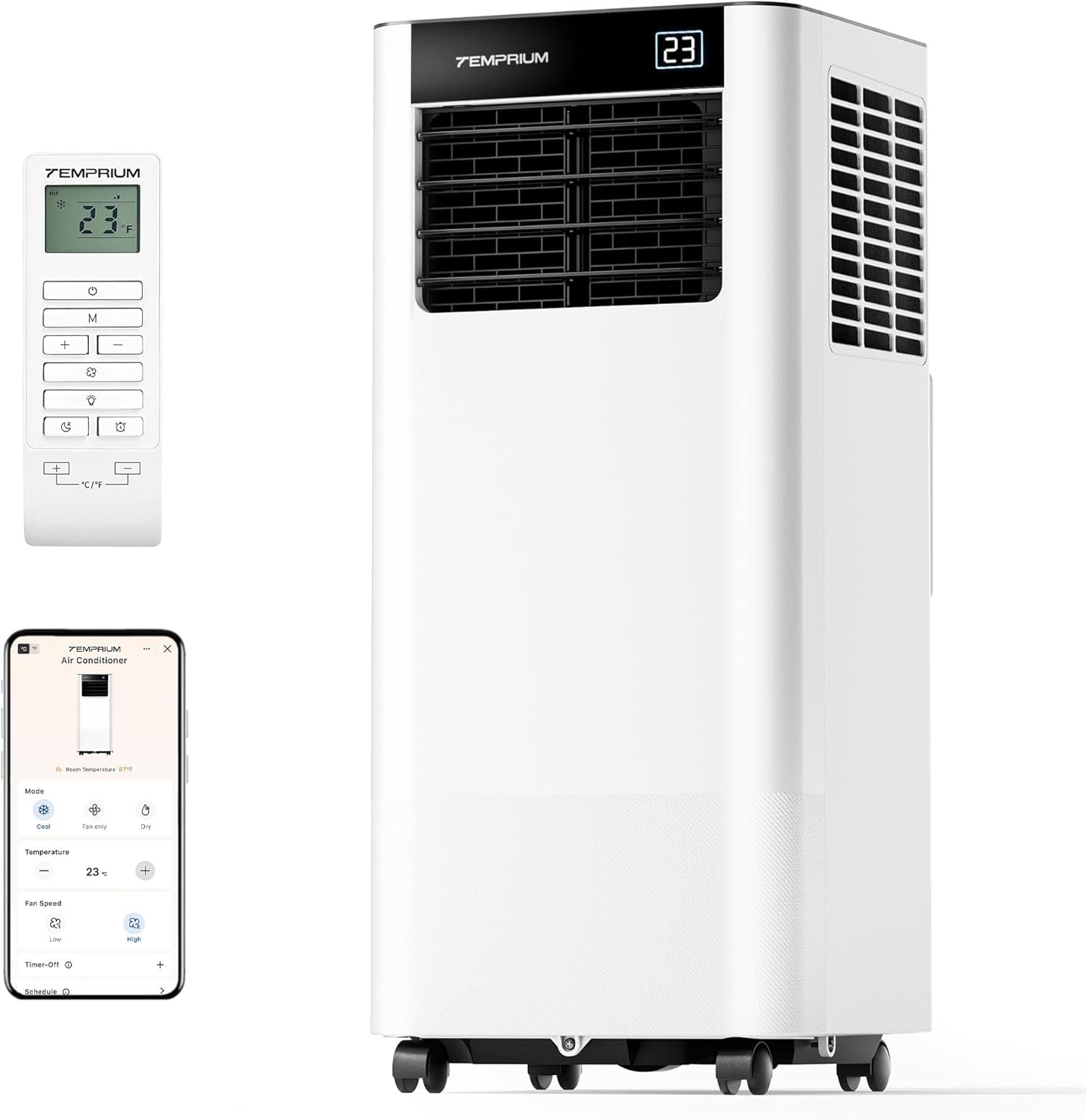 Temprium Climatiseur Mobile 9000 BTU – Silencieux <48 dB, Contrôle Via Application/Télécommande, Minuterie 24 H