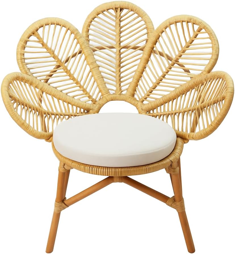 Deconation Fauteuil en Rotin Paon avec Coussin Blanc - Chaise pour Extérieur Ou Intérieur - D 70 X P 85 X – Beige/Blanc