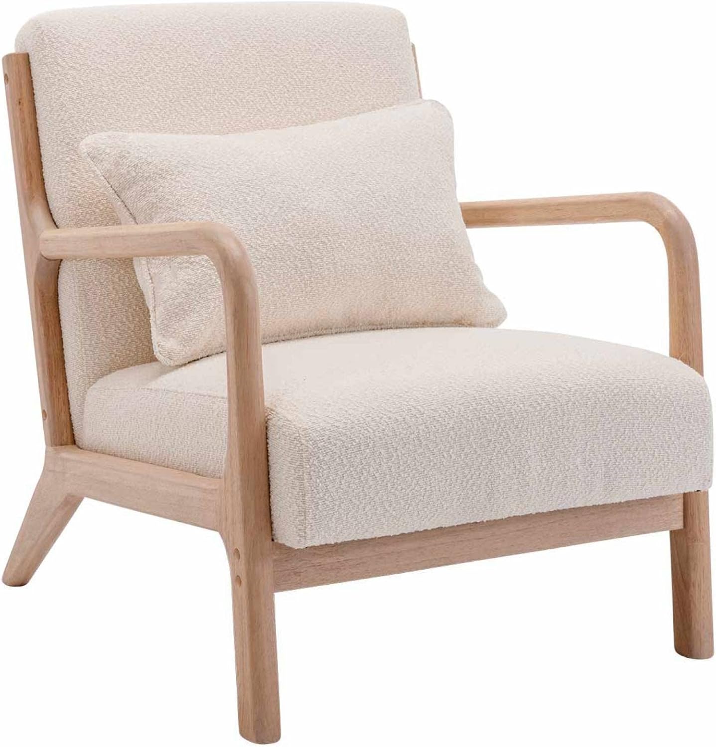 Alice's Home Fauteuil à bouclettes Blanches texturées. Bois et Tissu. 1 Place Droit Fixe. Pieds Compas – Blanc/Bois