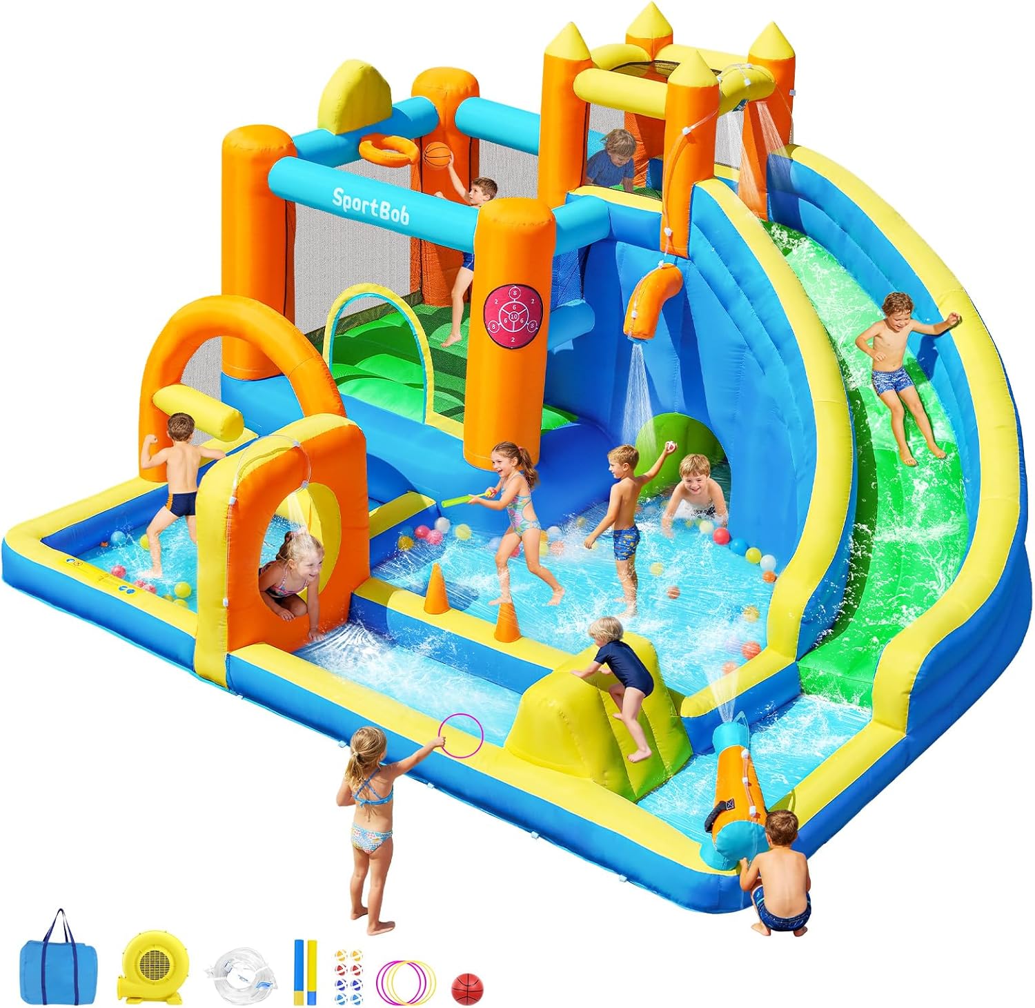 Châteaux gonflables – SportBob, Château Gonflable Parc Aquatique avec Long Toboggan, Cascade pour L'extérieur/l'intérieur, Soufflerie