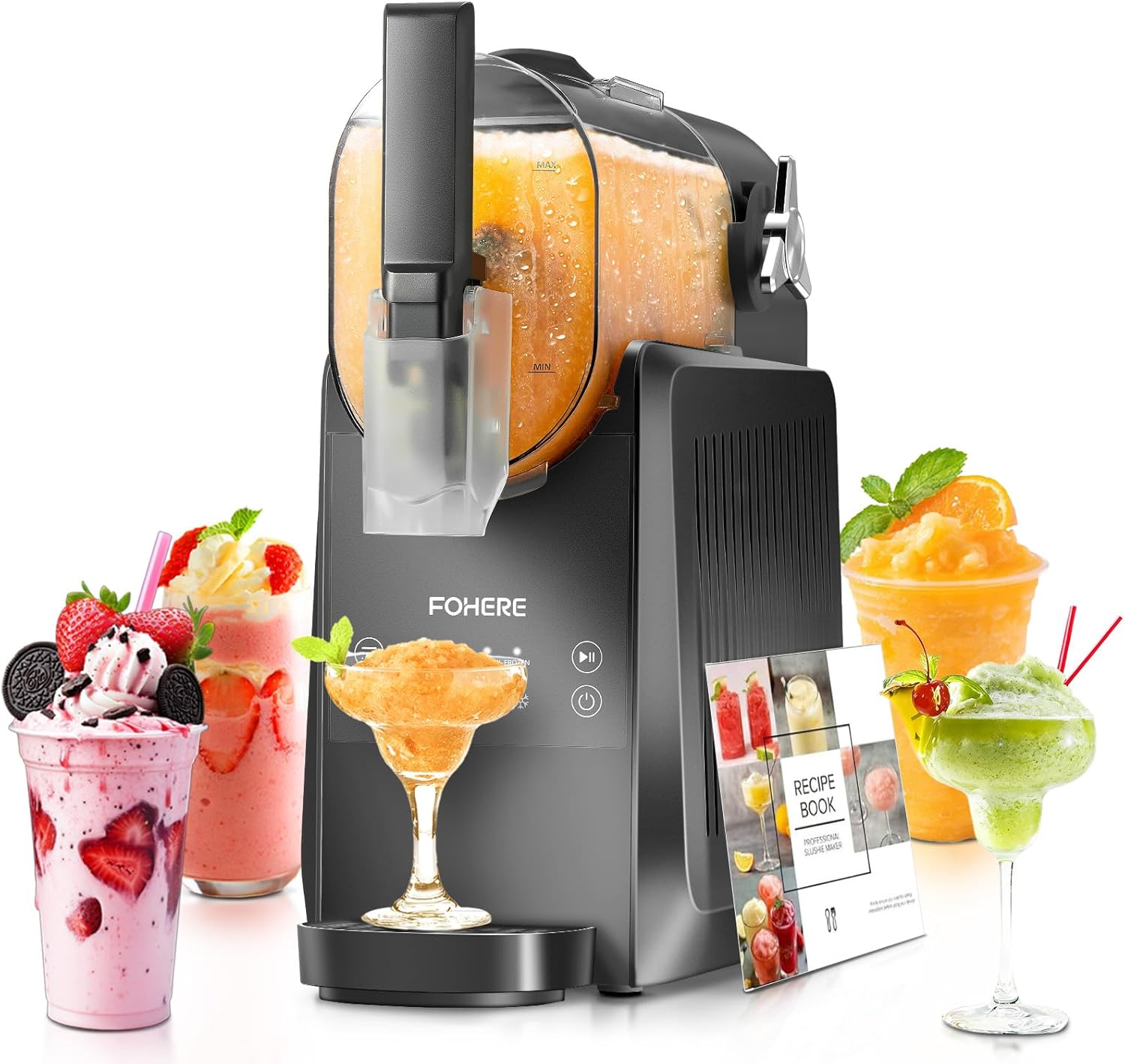 FOHERE Slush Machine 2.6L – Autonettoyage Slush Maker pour Maison, 5-in-1 Slush Machine, préparation en 15–60min, Machine à Granité, Cocktail, Noir