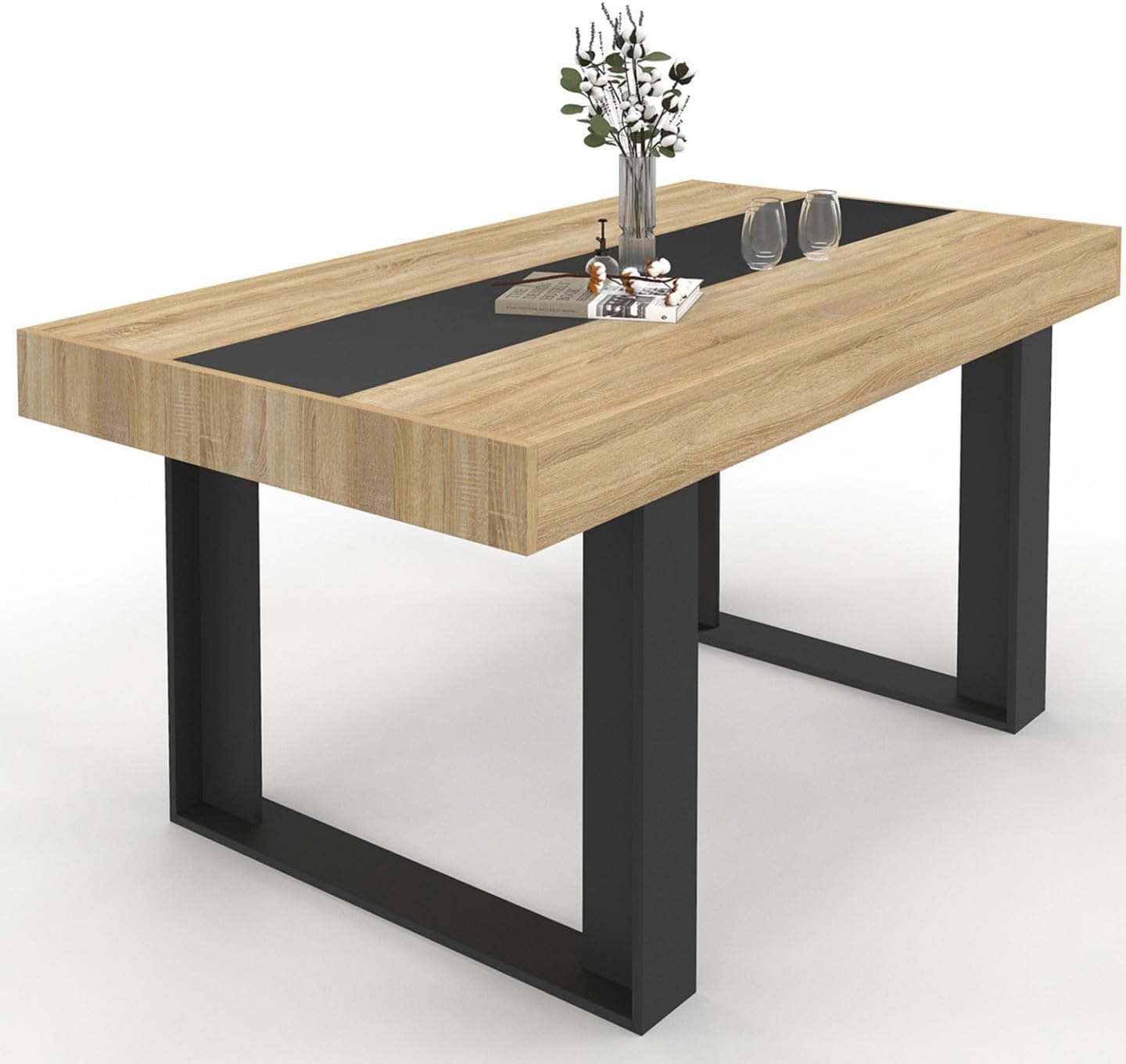 IDMarket Table à Manger Rectangle Phoenix 6 Personnes Bois et Noir Bande Centrale Noire 160 cm – Bois/Noir