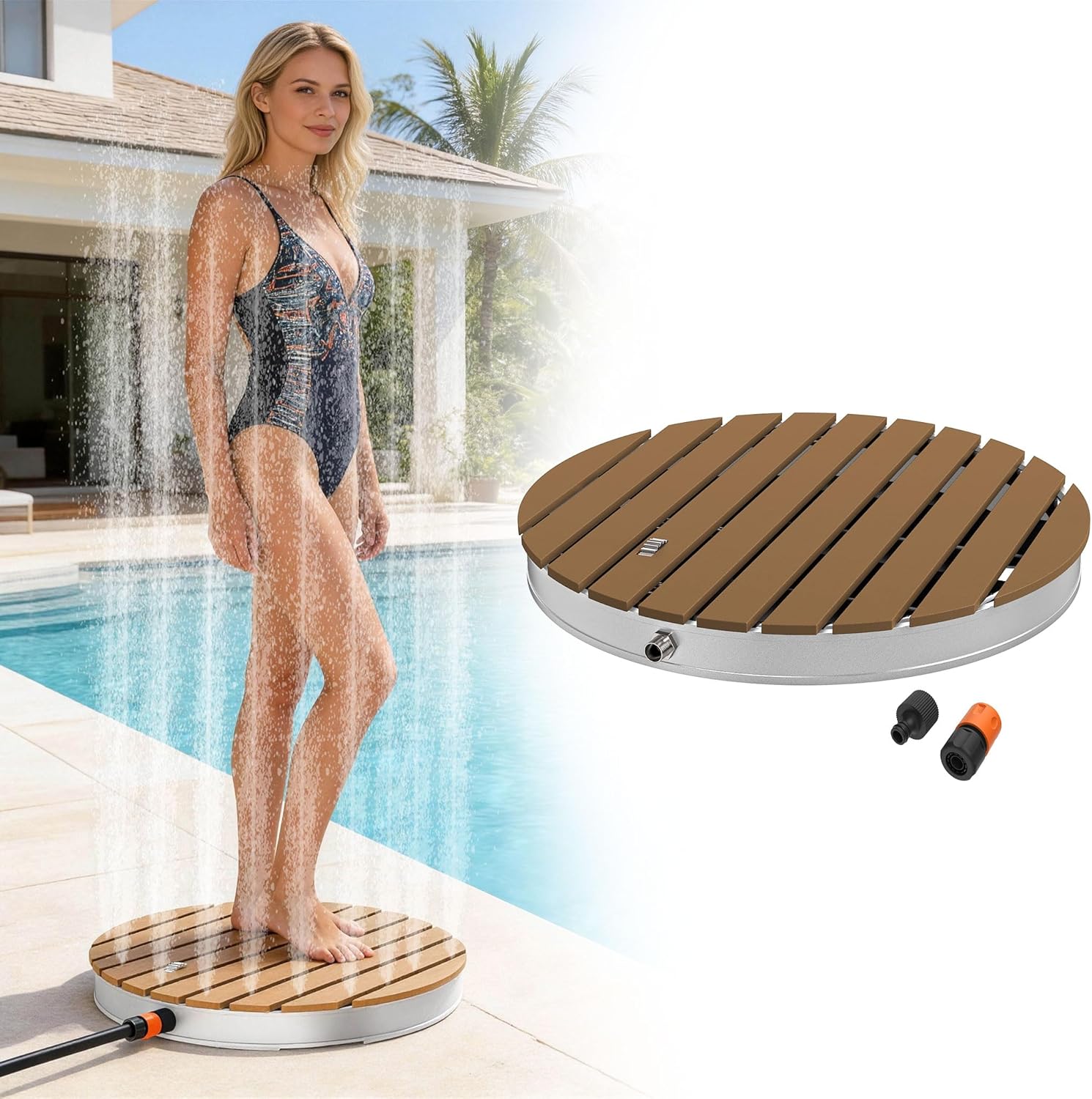 Douches de jardin – UISEBRT, WPC Douche de jardin avec roue, douche extérieure pour piscine, jusqu'à 4 m de hauteur de fontaine, antidérapante