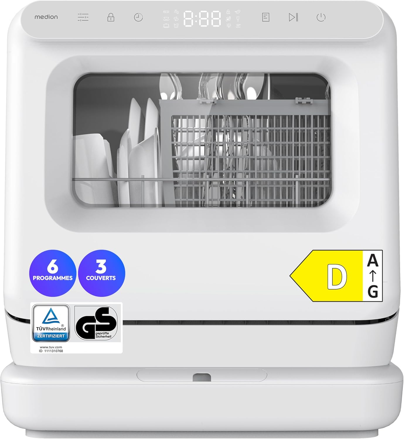 3 Couverts – Mini Lave Vaisselle DWT30 – Lave-vaisselles posables, MEDION, fonctionne avec ou sans raccordement d'eau, 6 Programmes