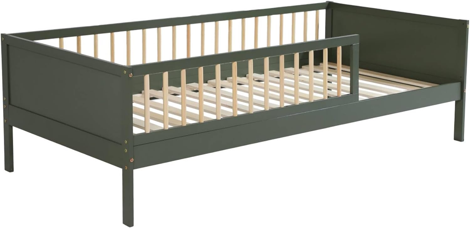 sweeek - Lit Enfant 90 x 190 cm pin Naturel sommier à Lattes Inclus Vert - Elio – Alice's Garden, Vert/Naturel