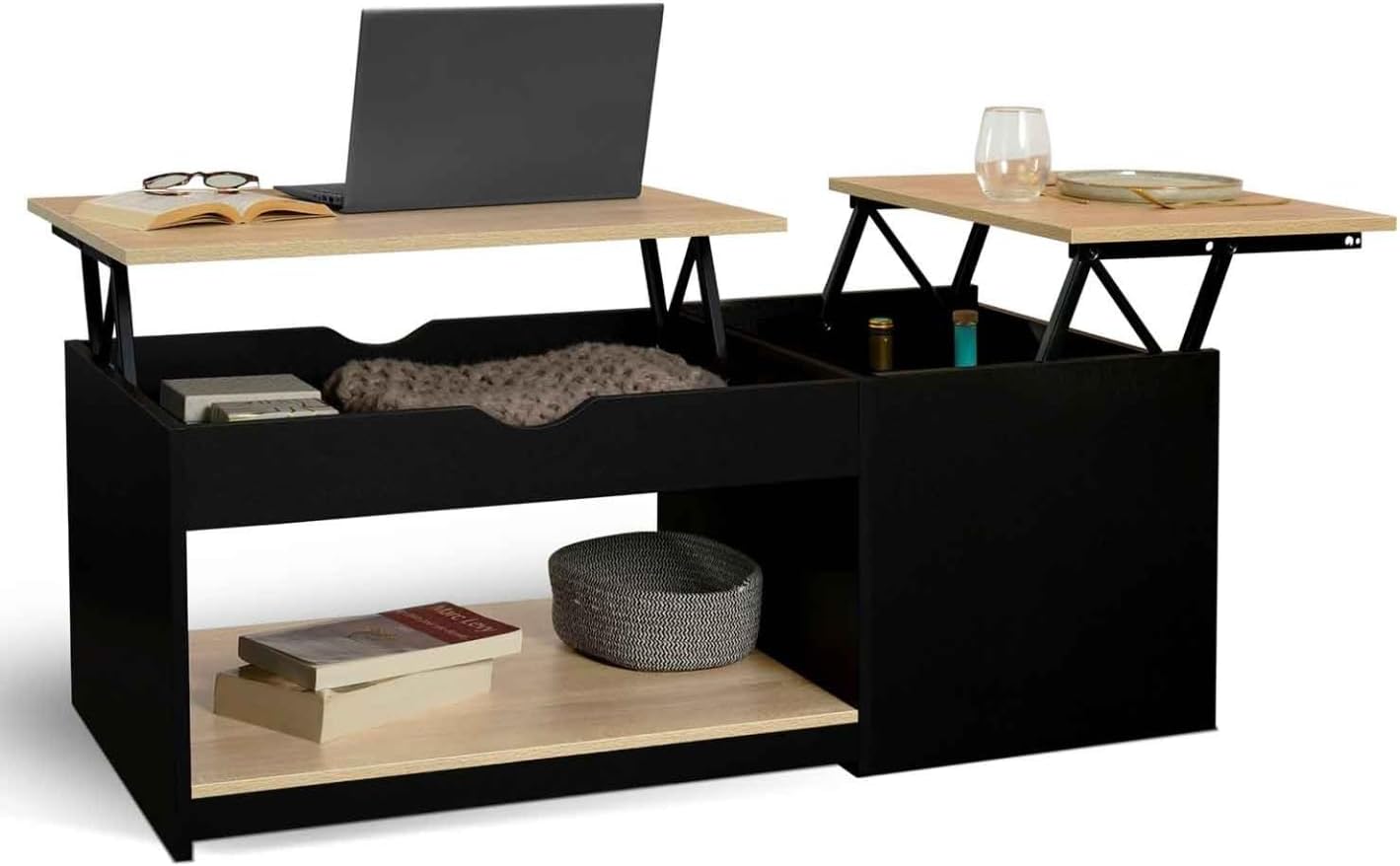 Table Basse 2 Plateaux relevables rectangulaire EYLA avec Coffre Bois Noir et façon hêtre – Tables basses, IDMarket