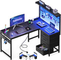 Coleshome Bureau Gaming avec LED – 110 x 80 cm Réversible Table Gaming avec Tiroirs et Prises de Courant, Noir Carbone