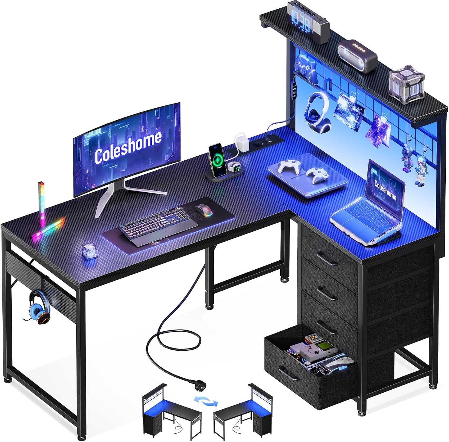 Coleshome Bureau Gaming avec LED – 110 x 80 cm Réversible Table Gaming avec Tiroirs et Prises de Courant, Noir Carbone