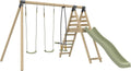 Station BARBOUZET 2 balançoires - vis-à-vis - Toboggan - kit d'ancrage - Bois FSC® h224 cm – TP, Beige/Vert