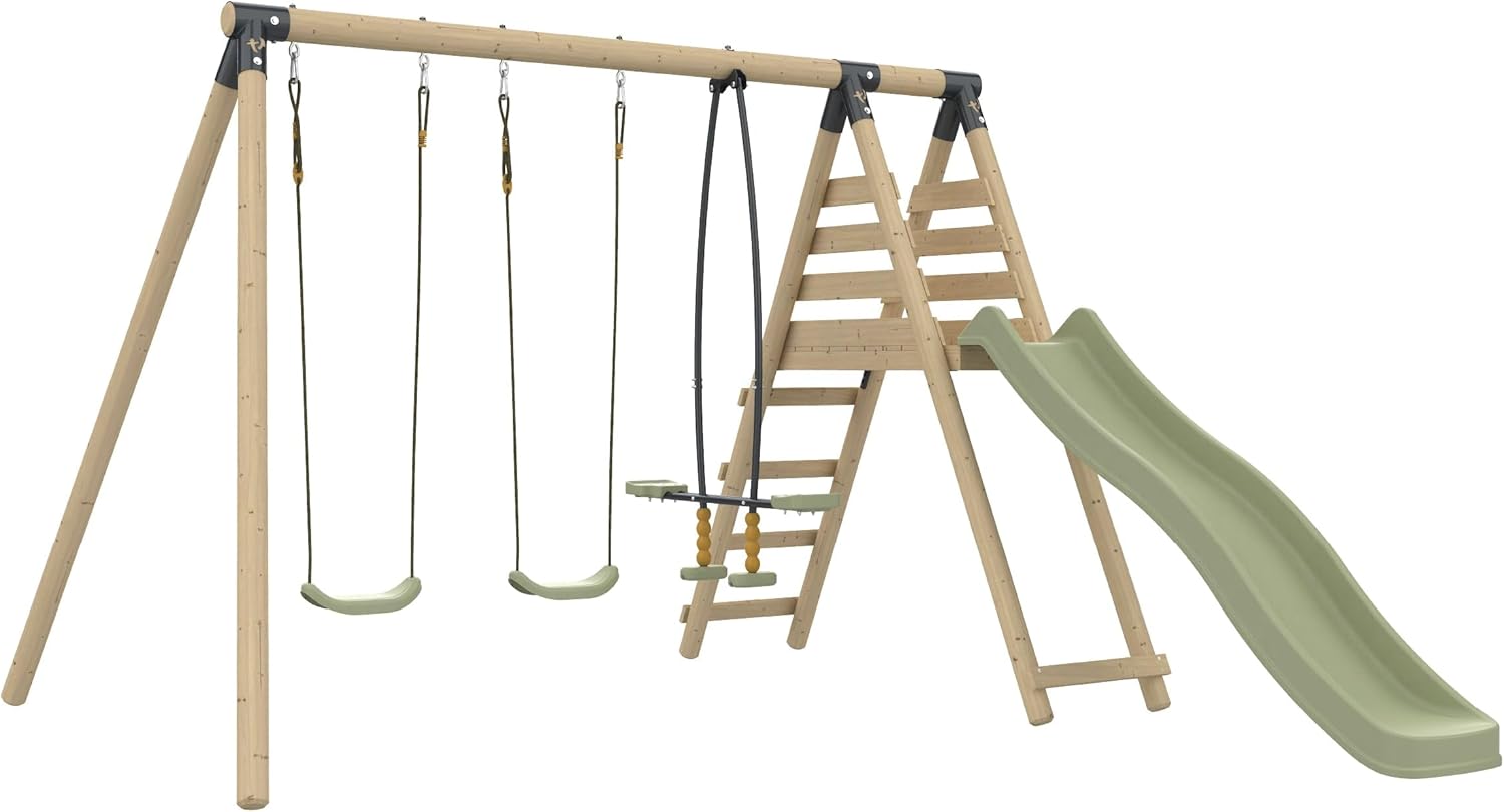 Station BARBOUZET 2 balançoires - vis-à-vis - Toboggan - kit d'ancrage - Bois FSC® h224 cm – TP, Beige/Vert