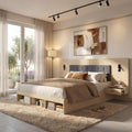 Cadres de lit – Zepneiy, Lit 160x200 avec USB et 360 degrés intégrés des 2 côtés, Lit Double avec 2 Tables de Chevet, sans Matelas, Beige/Gris