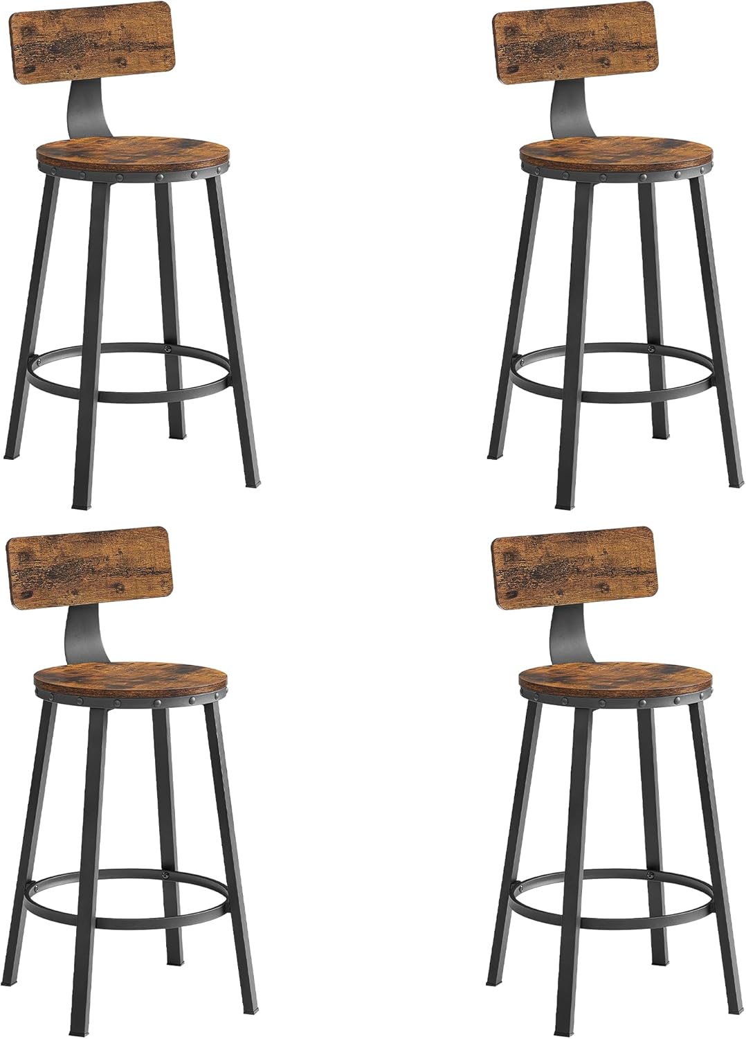 avec Dossier – Tabouret Bar Industriel, VASAGLE, 5 cm de Haut, Marron Rustique et Noir LBC276B01, Lot de 4, Siège de 62