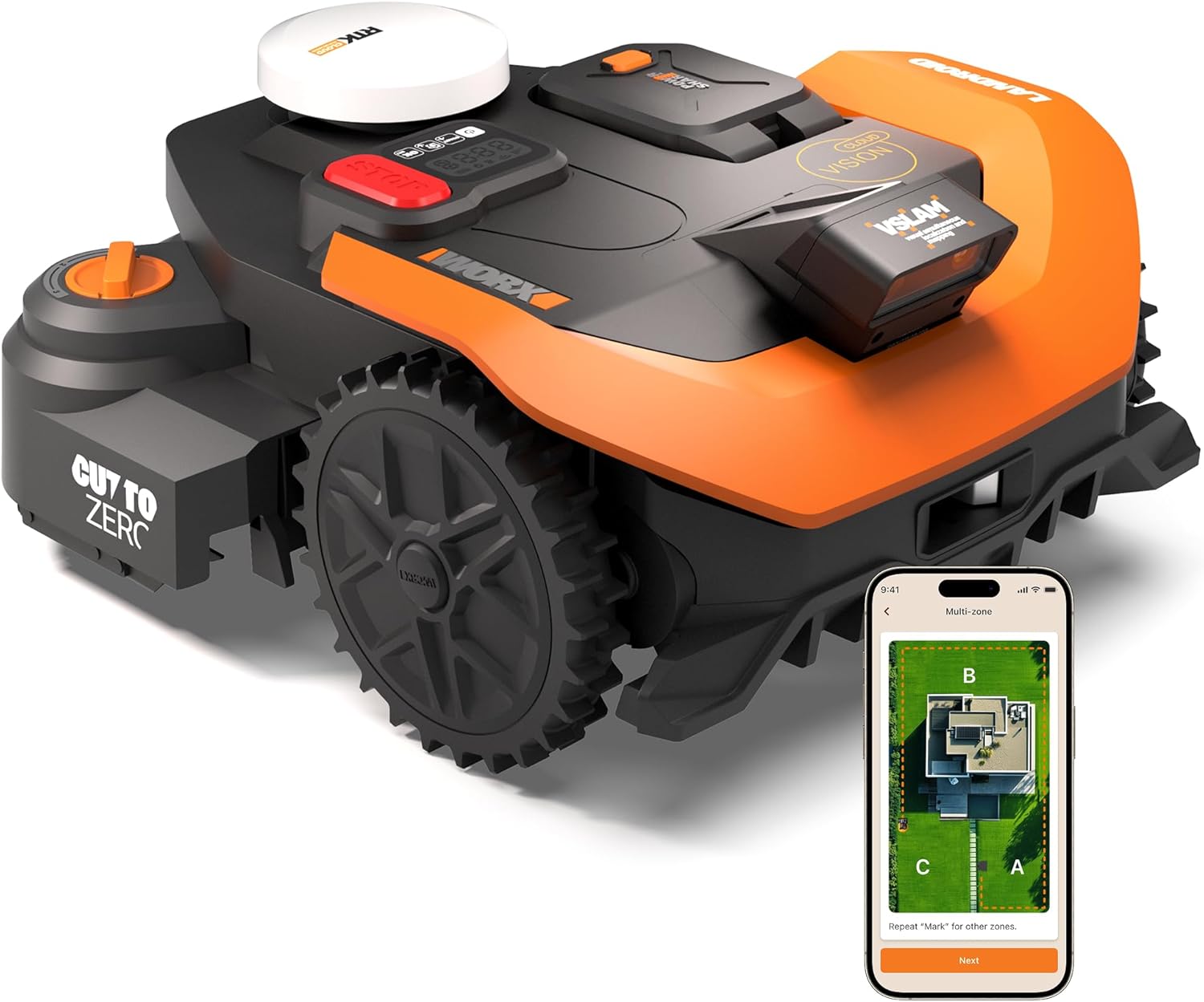 Tondeuses robot – WORX, Vision Cloud 2WD Robot Tondeuse WR312E, jusqu'à 1200 m2 (évitement d'obstacles par IA, contrôle Via l'app, Noir/Orange