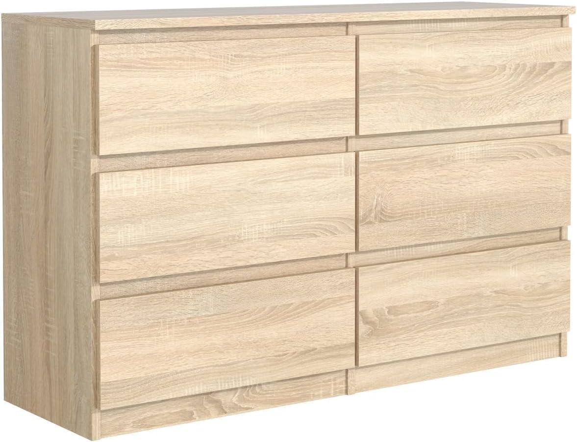 MebLocker Commode 6 Tiroirs Chêne Sonoma 120 cm - Design Minimaliste - 120 x 39 x 78 – 5 cm - Meuble de Rangement Spacieux pour Chambre, Chêne Clair