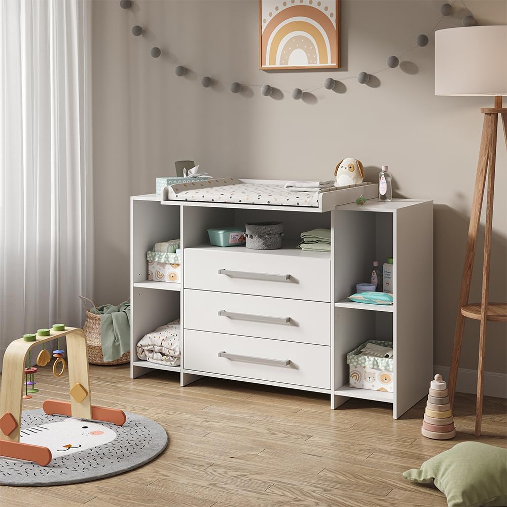 143x100cm XL avec tiroirs – Commode à Langer Oskar – Tables à langer, Vicco, Blanc, Convient comme Table à Langer avec Espace de Rangement Extensible