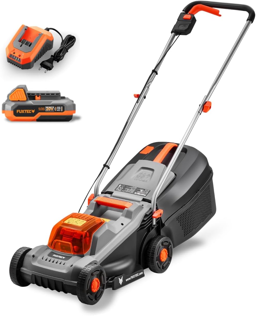 Tondeuses rotatives – Fuxtec, Tondeuse à Gazon sans Fil 20 V FX-E1RM20-ECO-SET, pour Jardins Petits à Moyens, Largeur de Coupe 30 cm, bac 30L