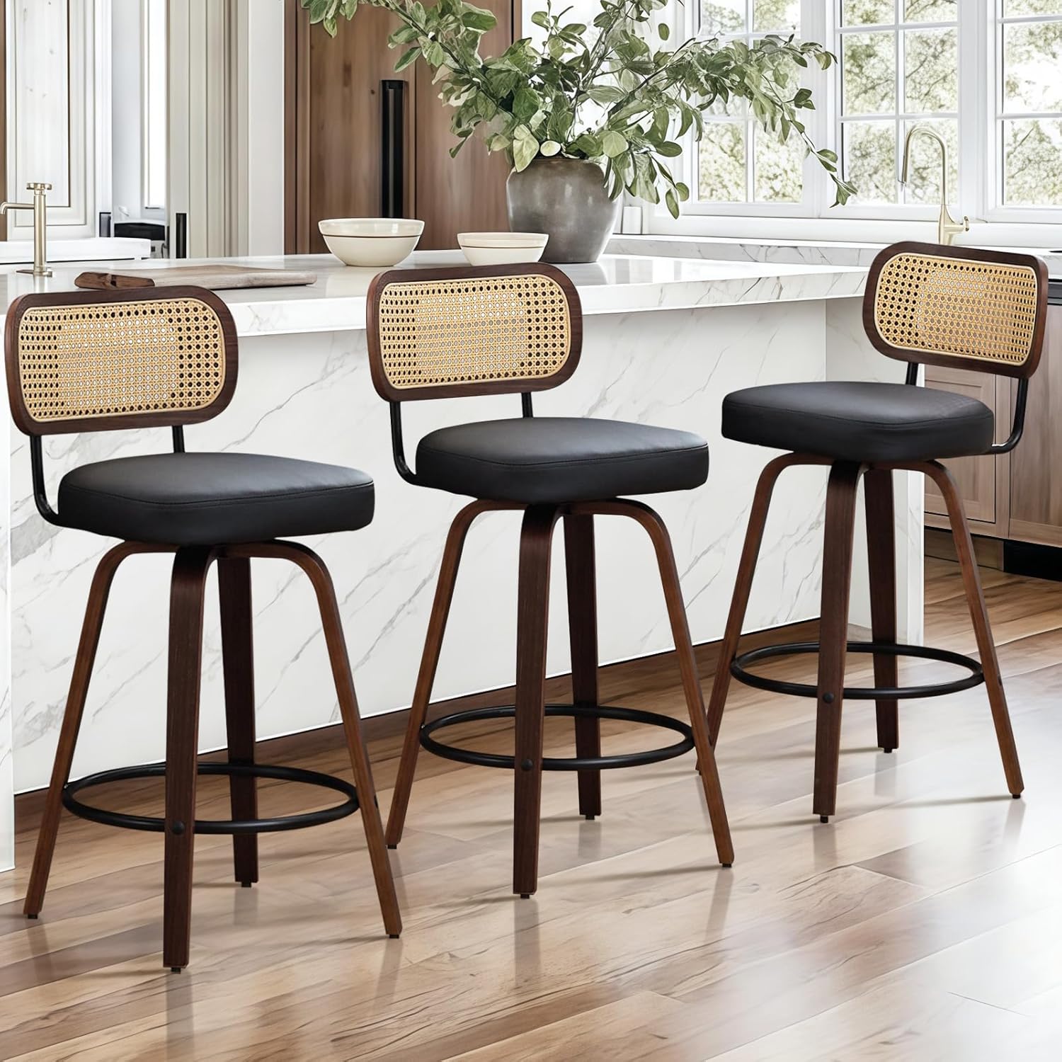 SoarFlash Lot de 3 tabourets de Bar pivotants – Repose-Pieds métallique. Tabouret Moderne pour îlot de Cuisine et Salle à Manger, Noir, Assise PU