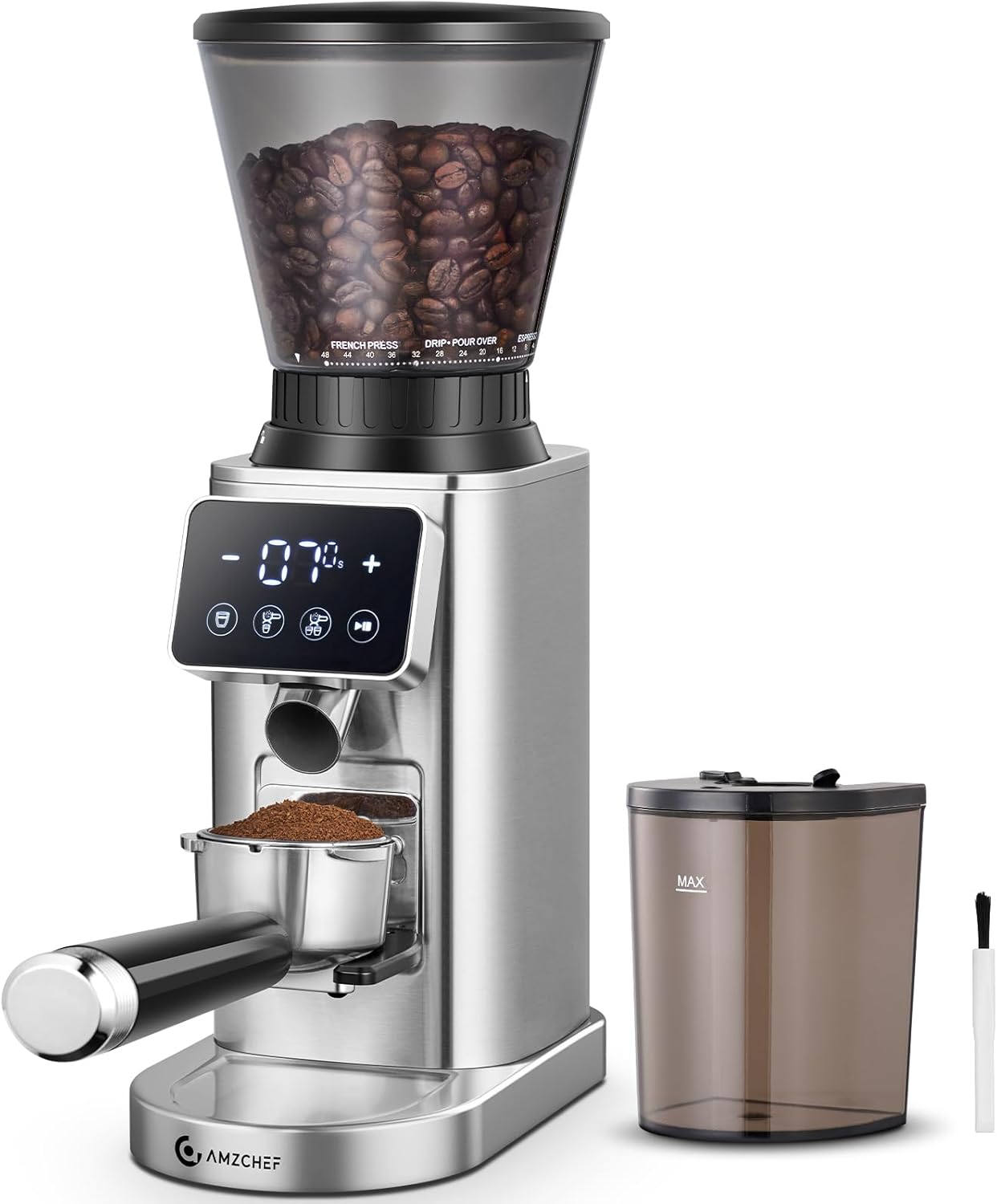 AMZCHEF Moulin à Café Électrique avec 48 Réglages de Mouture – pour Expresso et Café Filtre, Réservoir à Grains 300 g, Système Antistatique