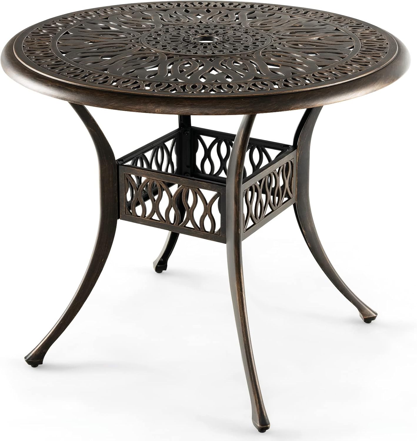 GIANTEX Table de Jardin Ronde Ø 90 cm – Table Bistro Ronde avec Trou de Parasol Ø 5 cm, Cadre en Aluminium Moulé, Pieds Réglables, Style Antique