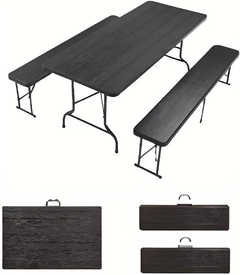 Tables de pique-nique – sinlikon, Ensemble Table Pliante à Manger de Jardin et 2 Bancs Pliant, Table Pliante Exterieur pour Camping, Noir