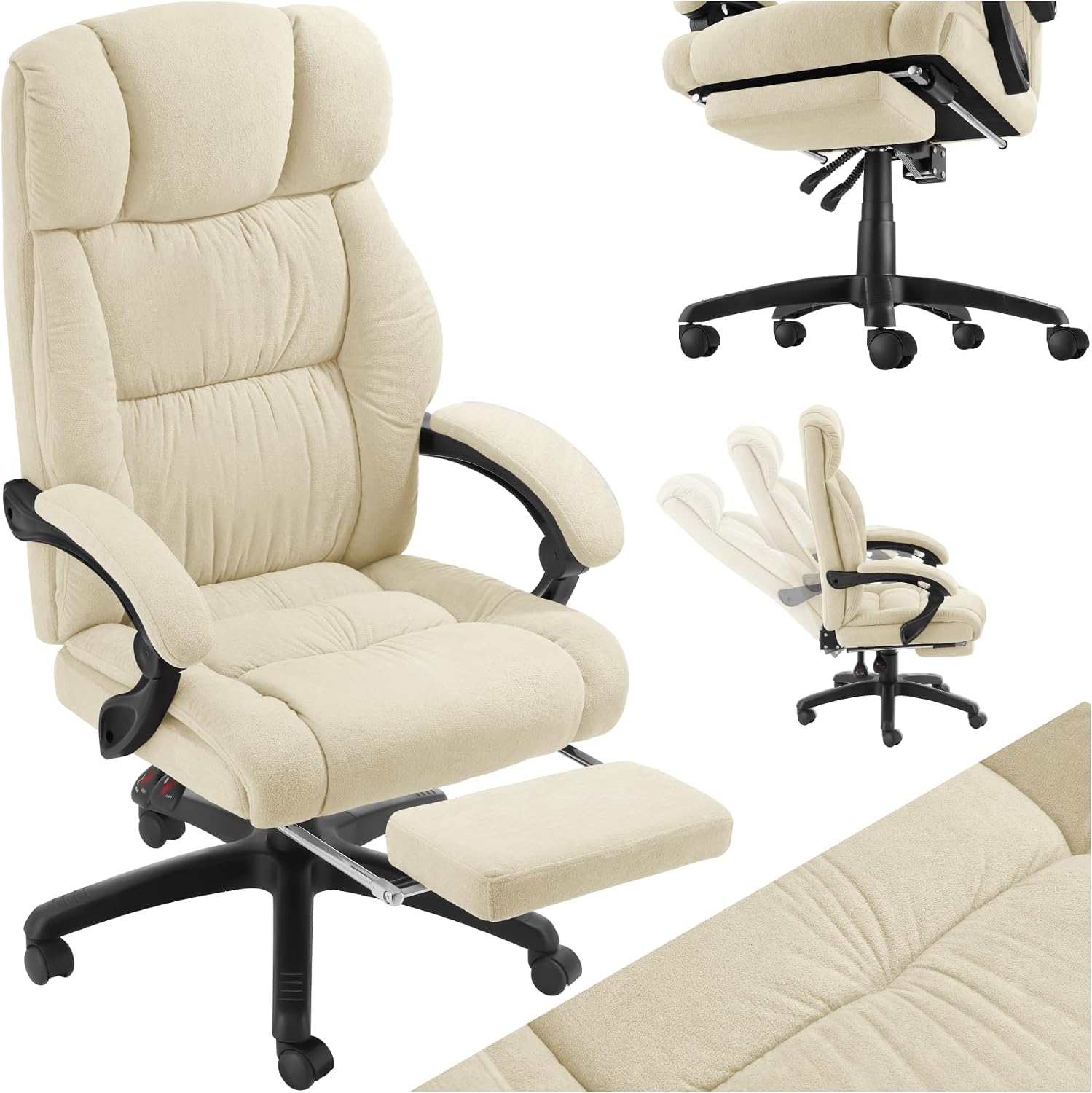 Chaises – tectake, Chaise de Bureau Ergonomique avec Repose-Pieds, Fauteuil de Bureau Rembourrage épais et Revêtement en Velours, Beige