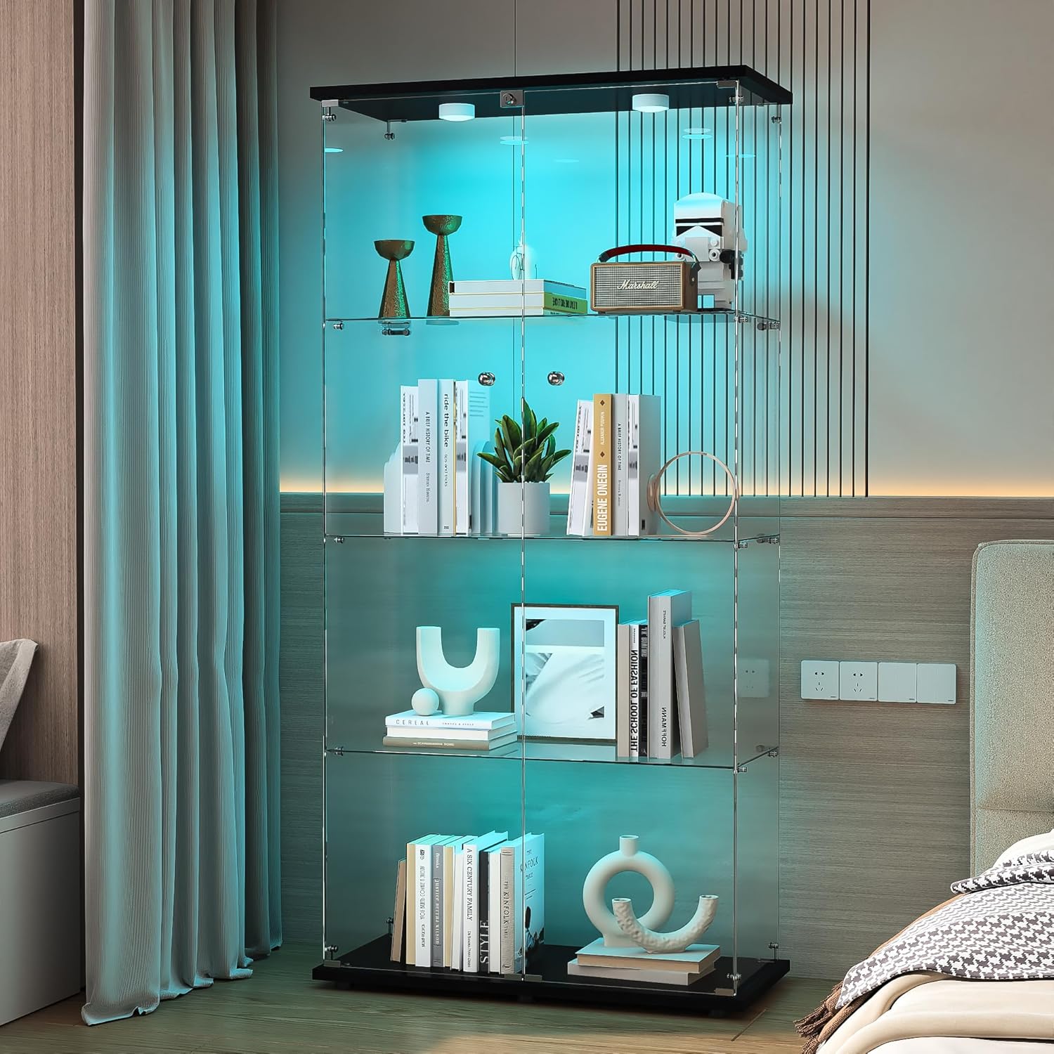 TIMORWTF Vitrine en Verre avec LED – Armoire Vitrine pour Collection, 2 Portes à Serrure, 4 Étagères Adjustables, 164x80.5x36.5cm, Noir