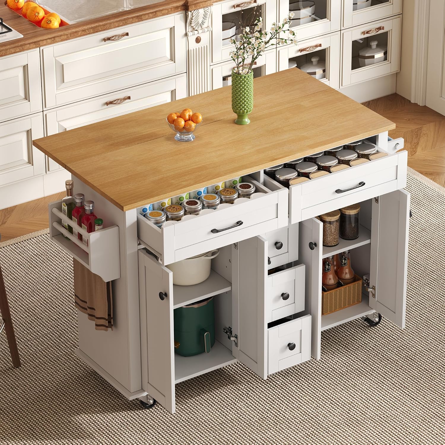 Bladez Chariot de cuisine avec plan de travail pliable – îlot de cuisine mobile sur roulettes, 5 tiroirs et 2 armoires, porte-épices et serviettes