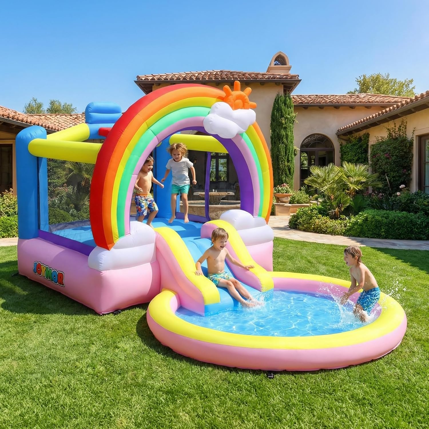 Chateau Gonflable avec Piscine a Balle – Châteaux gonflables, Bonnlo, Aire de Jeux Gonflable Ventilateur Inclus, Thème Arc-en-Ciel