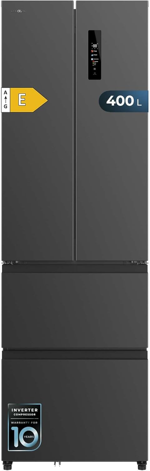 Cecotec Refrigerateur Congelateur 4 Portes Française Bolero CoolMarket Combi F2D 400 Dark E. – mode ECO, inox foncé