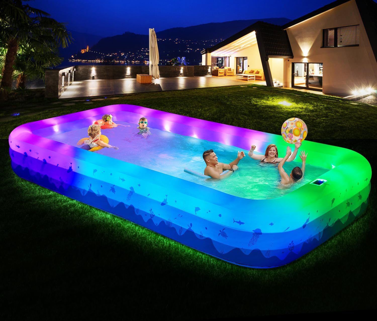 HRLA Grandes piscines gonflables avec lumières – piscines familiales gonflables pour adultes, 9 cm, 368, 3 x 188 x 55, pompe à air non incluse, 1628