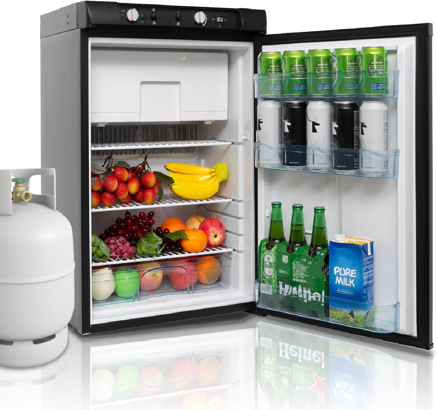 Techomey Frigo Trimixte 12V 220V Gaz – 100L, Frigo Gaz avec Congélateur pour Camping Car, Noir, Caravane, Maison