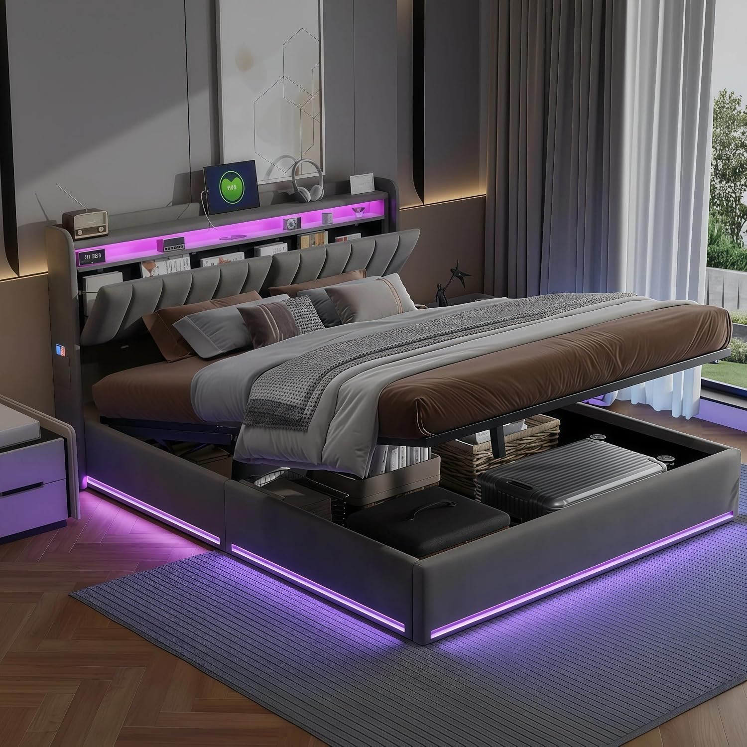 140 x 190 cm – Lit Coffre 140 x 190 cm, LIVLUX, avec Éclairage LED et Port USB, Lit Double Rembourré avec Rangement et Tete de lit